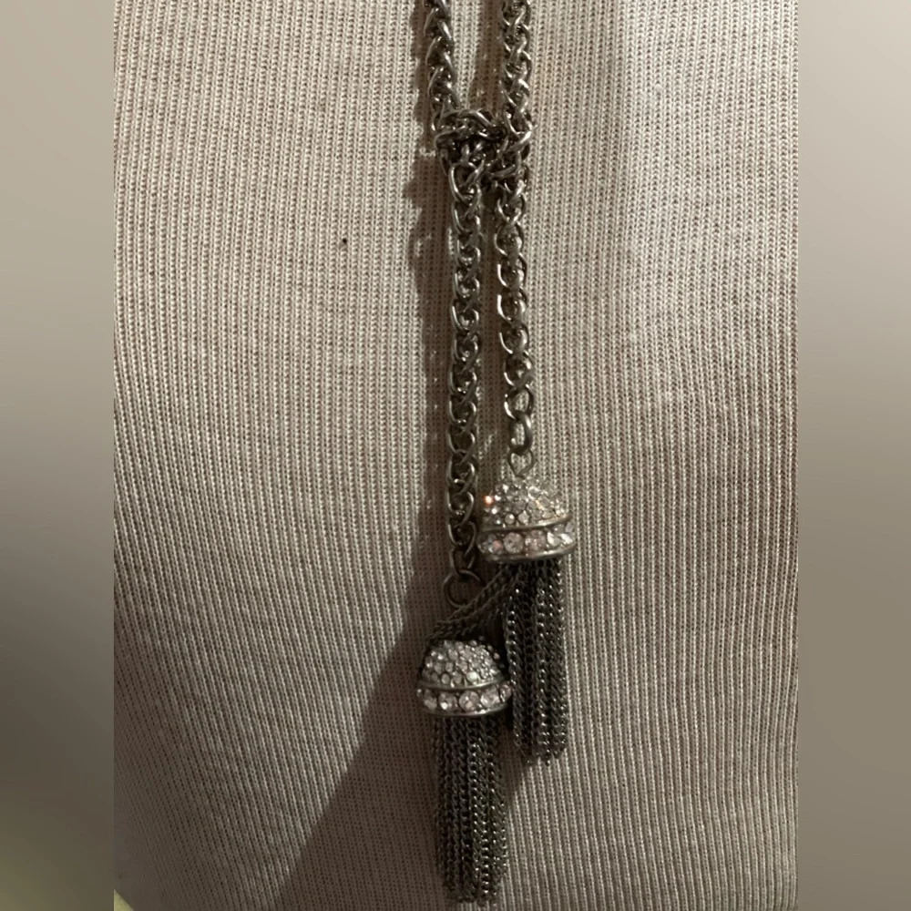 Designer Inspired Renaissance Diamond And Silver Tassel Long Pendant Necklace. - Picture 3 of 7